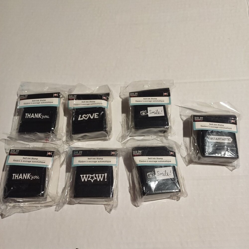 Set Of 7 Self-Inking Stamps With Words Thank You Love Smile Wow Fantastic